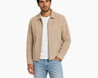 Men’s Beige Suede Leather Jacket Casual Zip Up Classic Lightweight Trucker Style Coat