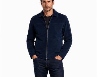 Men’s Navy Blue Suede Leather Jacket Minimalist Casual Zip Front Classic Modern Outerwear