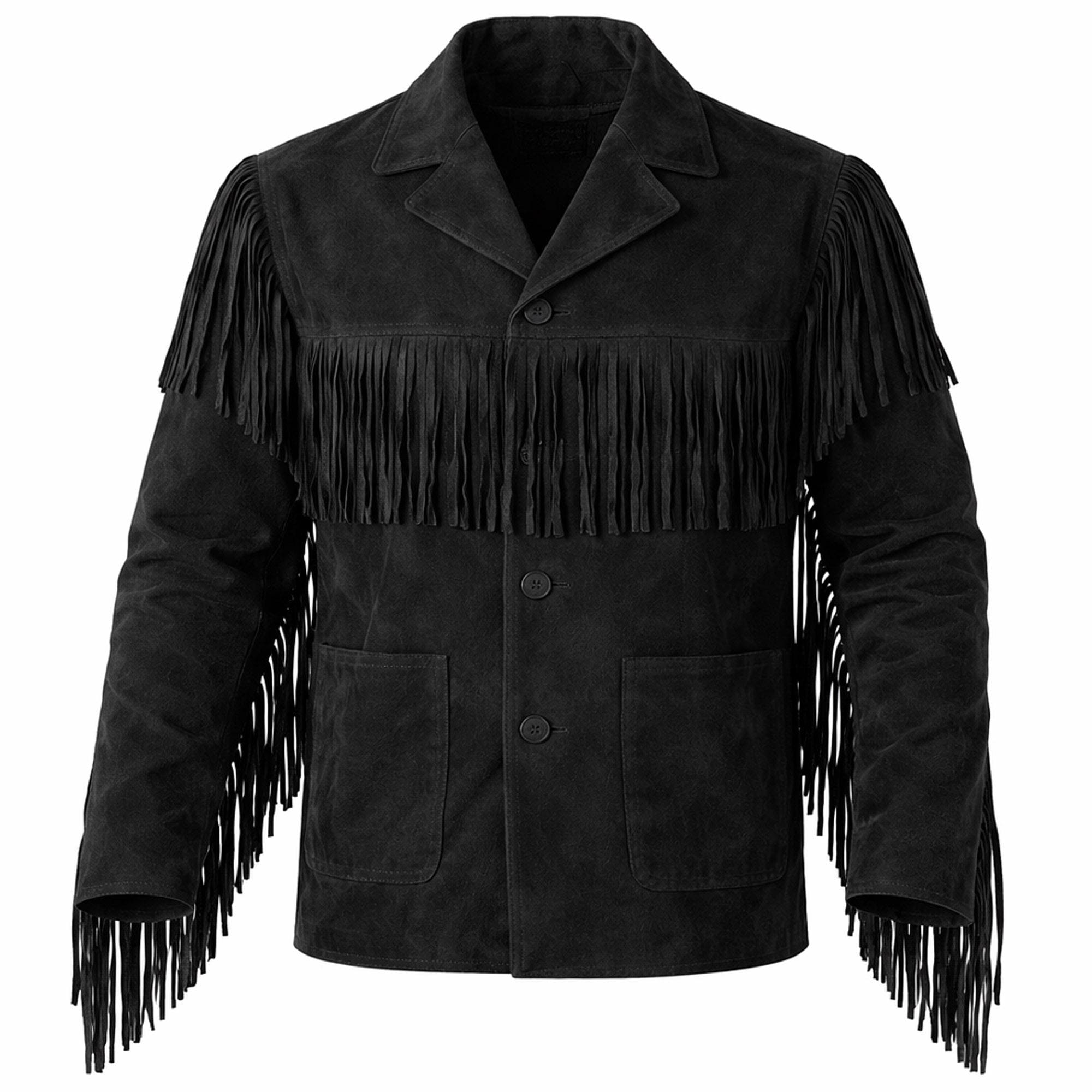 Men Black Suede Fringe Jacket Western Cowboy Style Vintage Leather Tassel Coat