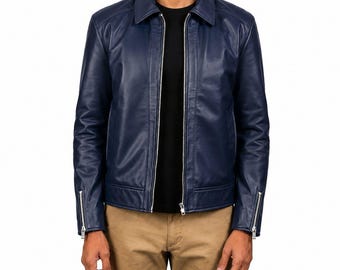Chaqueta de cuero para hombre, azul marino, cuero auténtico, estilo motero con cremallera, regalo para él.