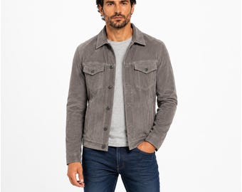 Men's Gray Suede Trucker Jacket Casual Western Style Lightweight Button Front Outerwear Coat