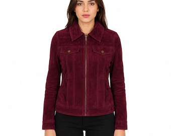 Women's Burgundy Suede Leather Trucker Jacket Handmade Genuine Suede Casual Zip Front Classic Coat