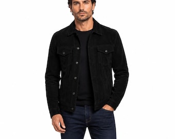Men's Black Suede Leather Trucker Jacket Classic Western Style Casual Button Front Coat Gift