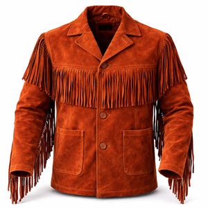 Puede incluir: Chaqueta de ante color óxido con flecos en el pecho y las mangas. La chaqueta presenta un cuello clásico, dos bolsillos delanteros y cierres de botón. Esta chaqueta de estilo western es una pieza llamativa.