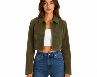 Women’s Olive Green Cropped Suede Leather Jacket Zip Front Casual Fashion Outerwear