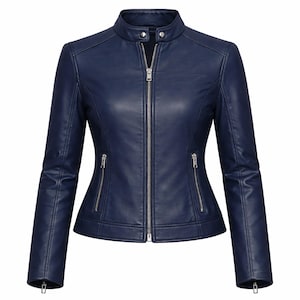 Women’s navy blue leather jacket in genuine lambskin with a slim fit moto biker design. Features a sleek zip up front, soft silk lining, and a modern tailored look. Perfect casual fall jacket for everyday wear, offering a stylish and comfortable fit. Ideal for women looking for a chic, durable biker leather jacket that elevates any outfit.