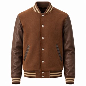 May include: A brown varsity jacket with brown leather sleeves. The jacket has a button-up front, two front pockets, and striped detailing on the collar, cuffs, and hem. The jacket is made of wool and leather.
