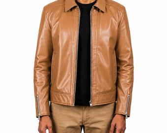 Chaqueta de cuero auténtico color marrón claro: estilo camisa con cuello y cremallera para hombre.