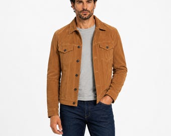 Men's Tan Suede Trucker Jacket, Western Style, Silk Lined, Lightweight Coat