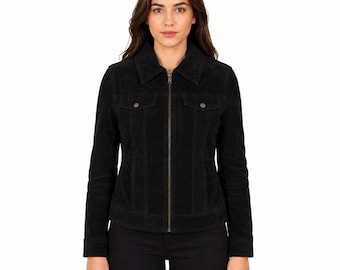 Women's Black Suede Leather Trucker Jacket, Genuine Lambskin Zip Front Coat