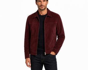 Men’s Burgundy Suede Leather Jacket Vintage Casual Zip Up Classic Trucker Coat Outerwear
