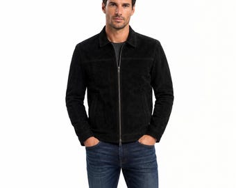 Mens Black Suede Leather Jacket Casual Zip Up Trucker Coat Classic Slim Fit