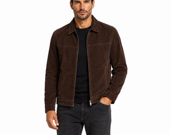 Men’s Brown Suede Leather Jacket, Vintage Biker Style, Casual Zip-Up Motorcycle Coat