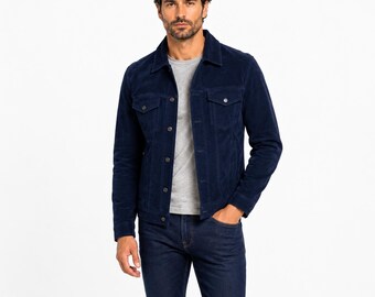 Mens Dark Blue Denim Jacket Casual Trucker Coat Vintage Style Western Fashion Wear
