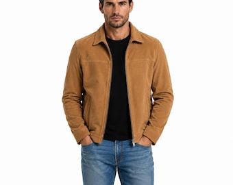 Men's Tan Brown Suede Jacket Casual Lightweight Zip Front Fall Fashion Gift For Him