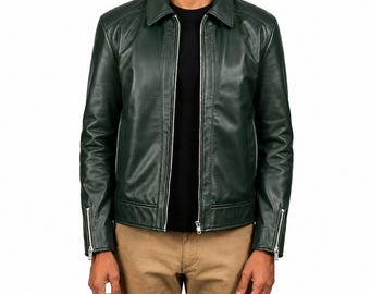 Chaqueta de cuero para hombre, verde, de cuero genuino, con cuello tipo camisa, cremallera, corte ajustado, estilo motero.