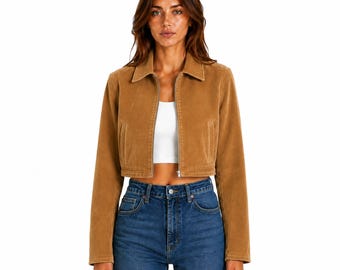 Women's Cropped Suede Jacket, Tan Zip-Up, Minimalist Fall Fashion, Silk Lined Coat