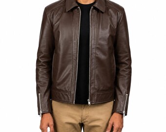 Chaqueta de cuero para hombre, marrón, de cuero genuino, estilo camionero, con cremallera frontal, ideal como regalo.