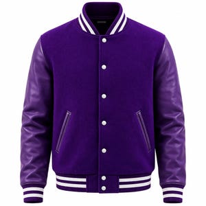 May include: A purple varsity jacket with leather sleeves. The jacket features a button-up front, white collar and cuff stripes, and two front pockets. The sleeves are a darker shade of purple than the body of the jacket.