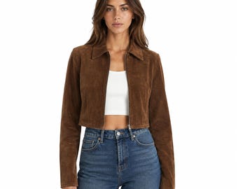 Women Brown Leather Jacket Cropped Vintage Distressed Zip Up Motorcycle Fall Coat