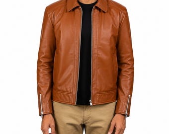 Chaqueta de cuero para hombre color coñac tostado, con cremallera, cuello camisero, estilo motero informal, hecha a mano, regalo