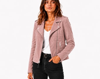 Women's Blush Pink  Leather Moto Jacket Biker Coat Stylish Lightweight Spring Fashion Outfit