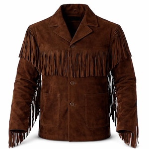 Könnte beinhalten: Braune Wildlederjacke mit Fransen an Brust, Schultern und Ärmeln. Die Jacke hat einen klassischen Kragen, zwei Vordertaschen und Knopfverschlüsse. Die Jacke hat eine mittelbraune Farbe.