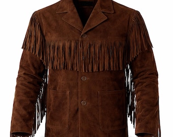 Men's Brown Suede Leather Fringe Jacket: Western Cowboy Style, Handmade Silk Lined Coat