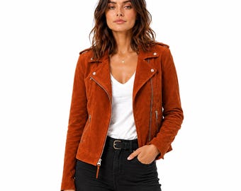 Women's Burnt Orange Moto Jacket  Suede Biker Coat Lightweight Fall Fashion Outerwear Casual