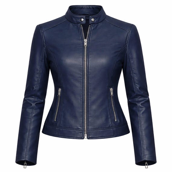 Women's Navy Blue Leather Jacket Slim Fit Moto Biker Zip Up Casual Fall Style