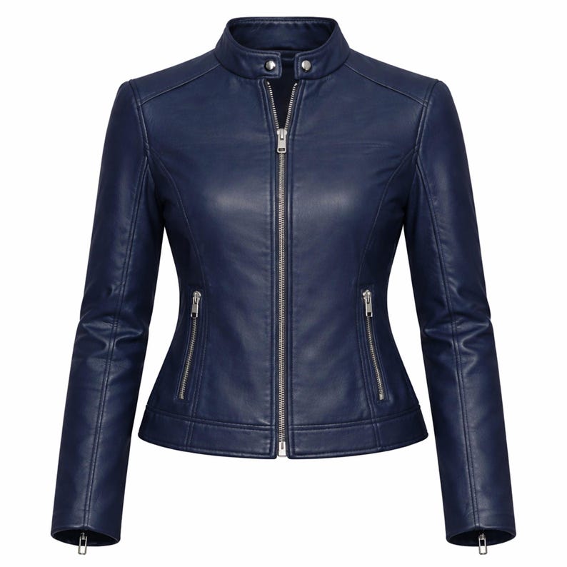 Women’s navy blue leather jacket in genuine lambskin with a slim fit moto biker design. Features a sleek zip up front, soft silk lining, and a modern tailored look. Perfect casual fall jacket for everyday wear, offering a stylish and comfortable fit. Ideal for women looking for a chic, durable biker leather jacket that elevates any outfit.
