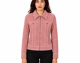 Women Pink Suede Leather Cropped Trucker Jacket, Handmade Silk Lined Biker Style