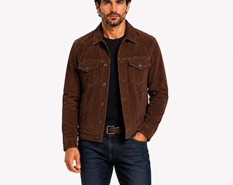 Mens Brown Leather Trucker Jacket Vintage Western Style Casual Biker Coat Gift for Him