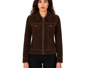 Women Leather Jacket Genuine Lambskin Brown Trucker Jacket Crocodile Embossed Zip Casual Handmade Outerwear