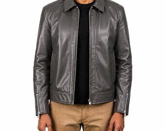 Chaqueta de cuero gris para hombre, cuello camisero, cremallera, estilo motero informal, regalo para él.