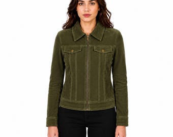 Women Leather Jacket Genuine Lambskin Olive Green Crocodile Embossed Zip Casual Trucker Gift Handmade
