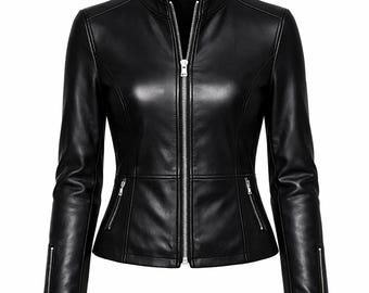 Chaqueta de cuero negra para mujer, corte ajustado, estilo motero, con cremallera, abrigo de invierno clásico y elegante.