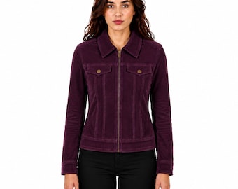 Purple Suede Leather Cropped Trucker Jacket: Handmade Silk Lined Moto Style