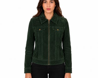 Green Suede Crocodile Embossed Trucker Jacket – Handmade Silk Lined Outerwear