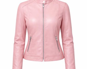Chaqueta de cuero rosa para mujer, corte ajustado, estilo motero, con cremallera, ligera y elegante, ideal para primavera y otoño.