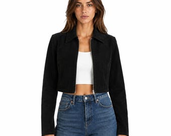 Women’s Black Suede Cropped Jacket Zip Up Leather Coat Casual Fashion Outerwear
