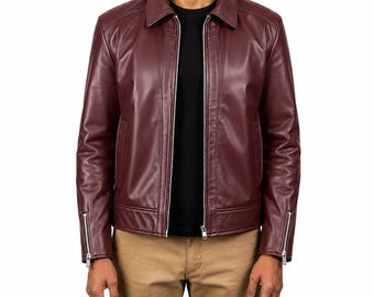 Chaqueta de motociclista de cuero auténtico color burdeos para hombre con cuello de camisa y cierre de cremallera.