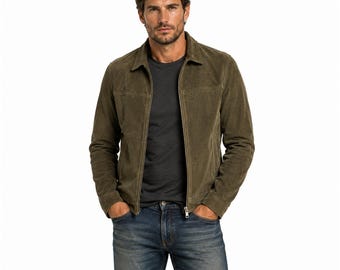 Mens Olive Green Leather Jacket Casual Zip Up Minimalist Biker Style Genuine Suede Coat