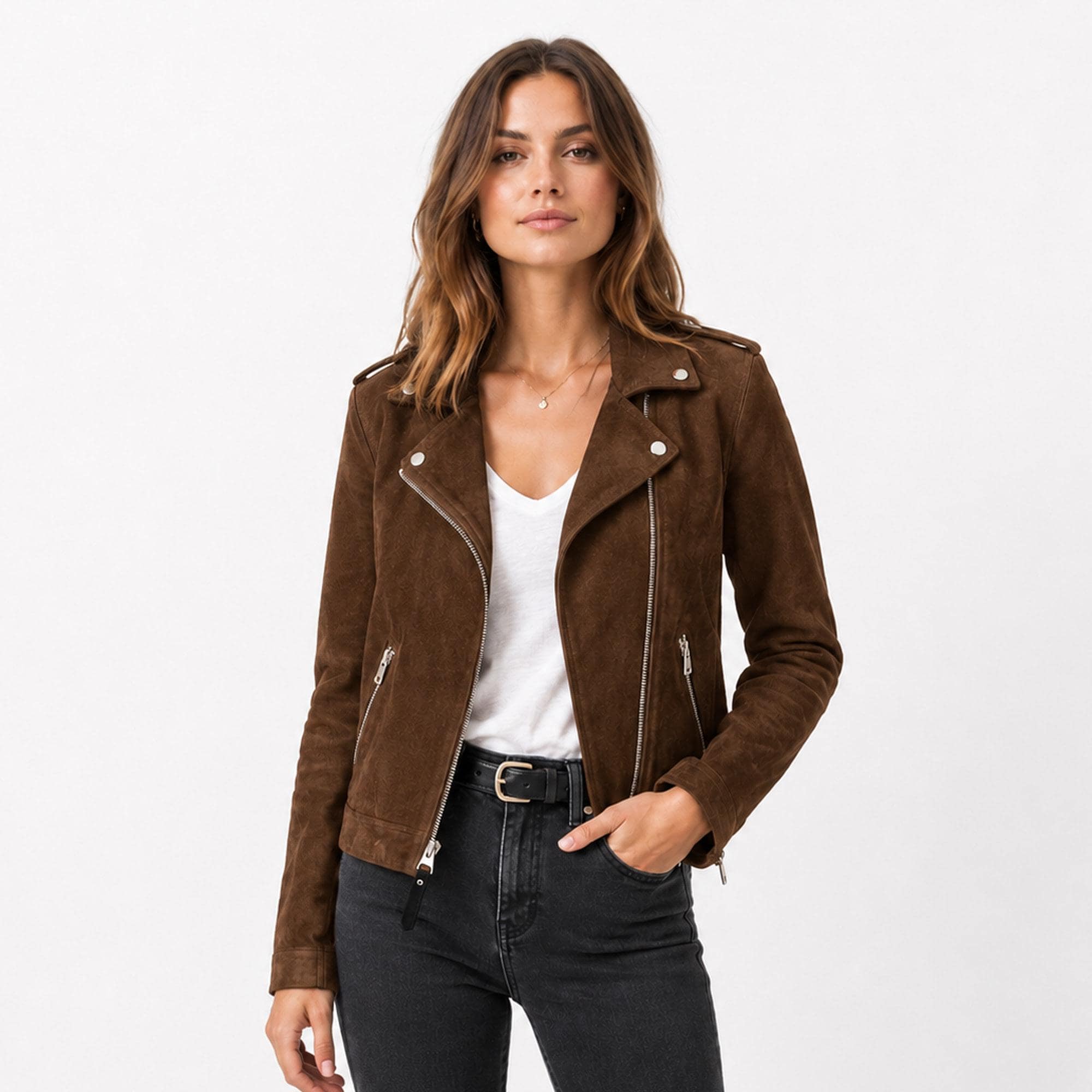 Women's Brown Leather Moto Jacket Vintage Biker Coat Casual Fall Streetwear Outfit Gift