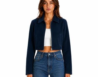 Women's Cropped suede Jacket Dark Wash Fitted Casual Lightweight Zip Front Fashion Layering Essential
