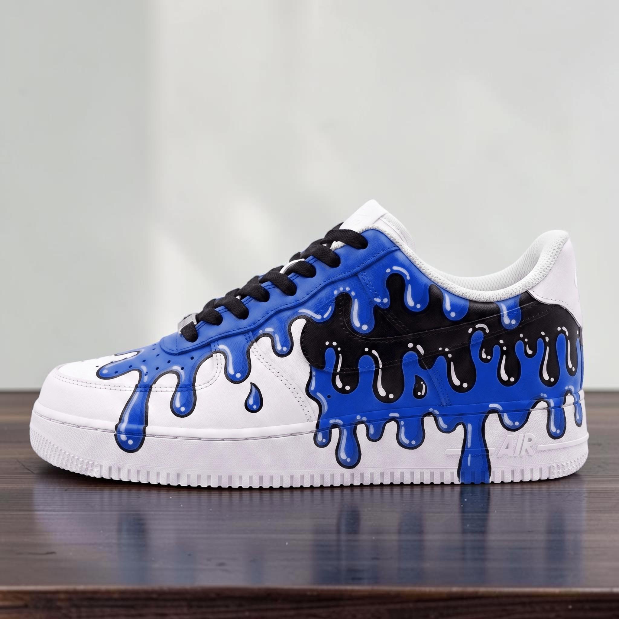 Blue Black Drip AF1 Custom Sneakers, Hand Painted Splatter Shoes ...