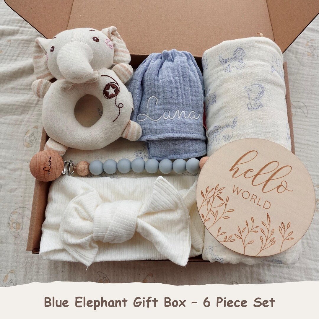 Blue Baby Gift Box Personalized, Baby Boy Gift Set, Elephant Newborn ...