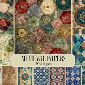 Middeleeuwse tegelpapieren bundel van 200 pagina's, vintage mozaïekpatronen, digitale download, junkjournal, plakboekpapier, digitaal papier