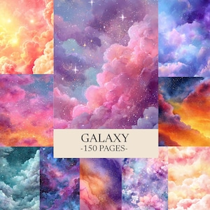 Pode incluir: Uma coleção de imagens coloridas com tema de galáxia. As imagens apresentam nuvens vibrantes em tons de rosa, roxo, laranja e azul, com estrelas brilhantes. O texto "GALAXY -150 PAGES-" é exibido em um fundo bege.