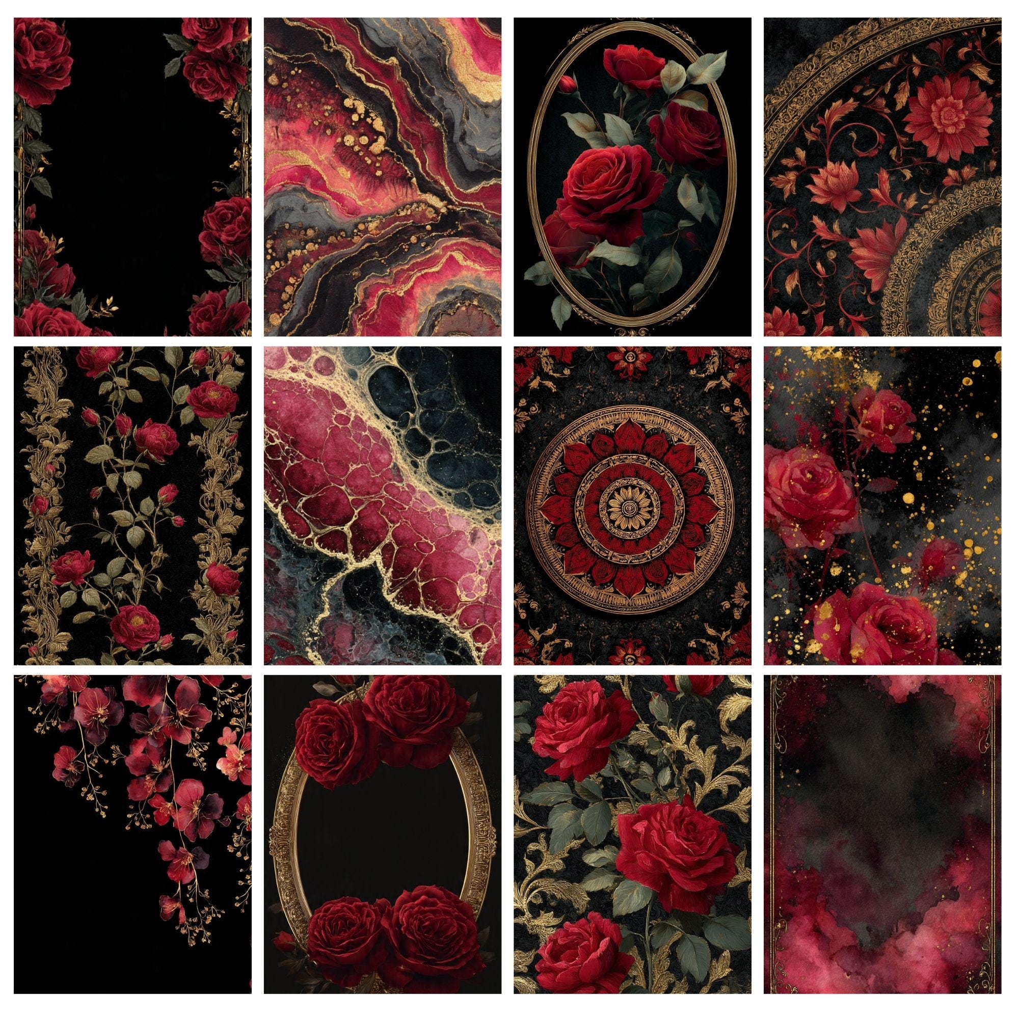 Gothic Floral Digital Paper Pack, Dark Luxe Roses Junk Journal Pages ...